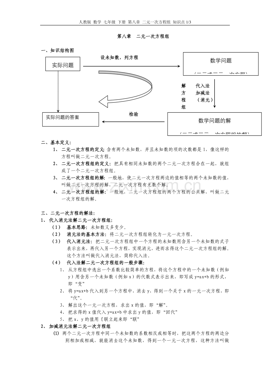 人教版数学七年级下册第八章二元一次方程组知识点.doc_第1页