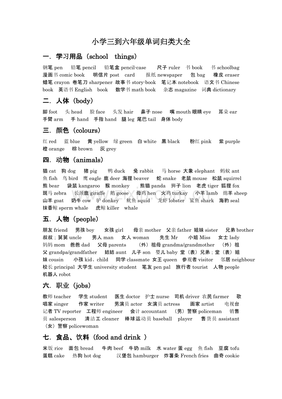 小学三到六年级单词归类大全.doc_第1页