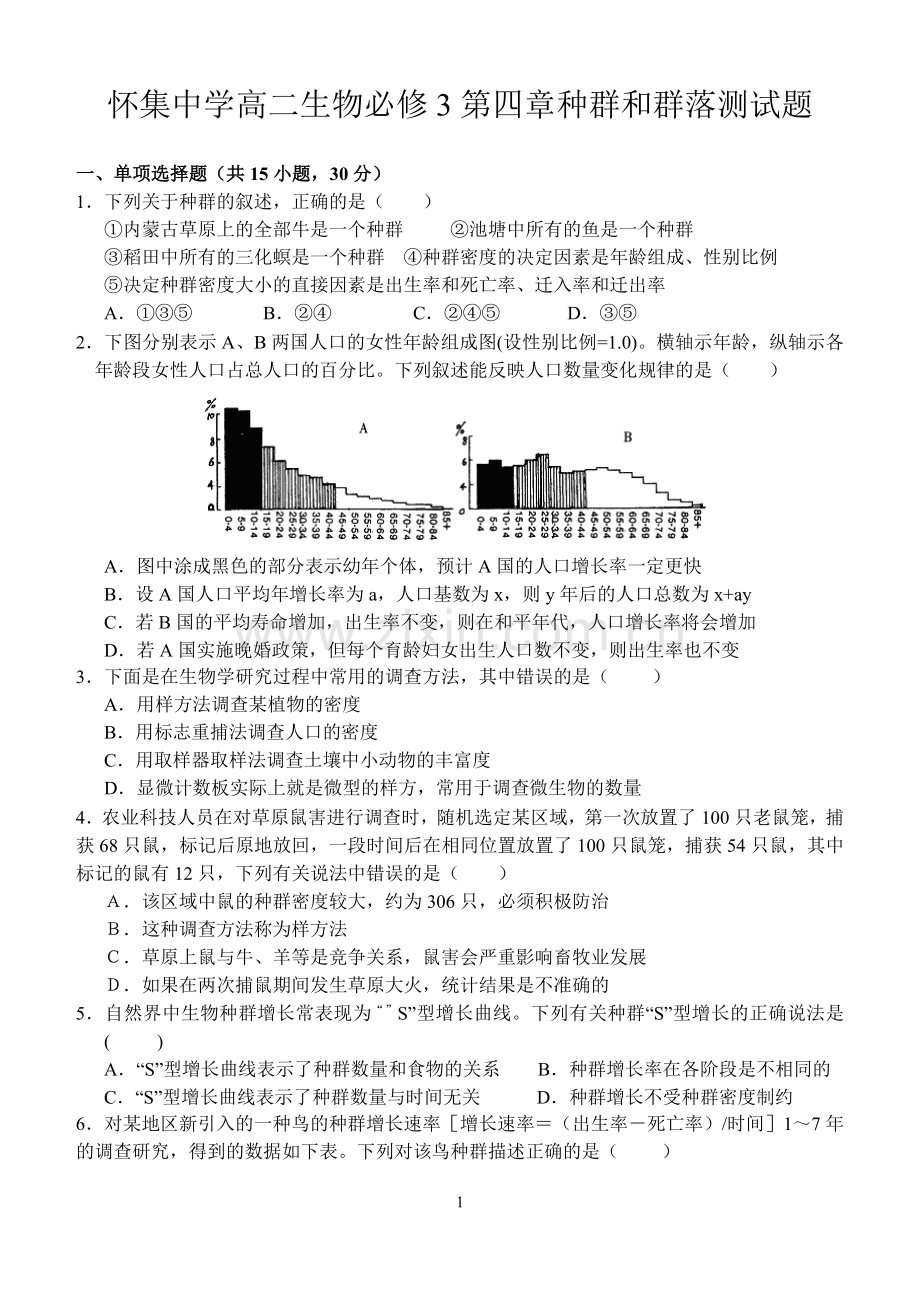 人教版怀集中学高二生物必修3第四章种群和群落测试题.doc_第1页