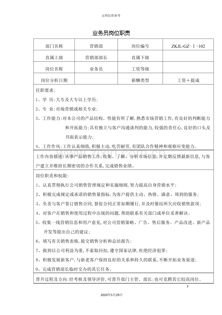 销售行业中小企业业务员岗位职责说明书.doc_第3页