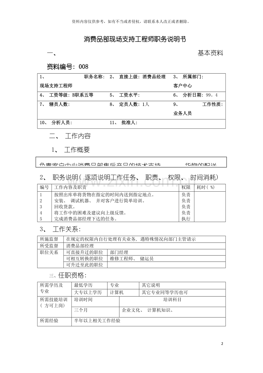 消费品部现场支持工程师职务说明书模板.doc_第2页