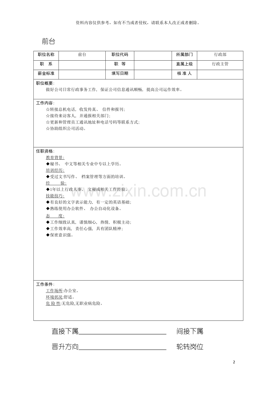 行政部前台的岗位说明书模板.doc_第2页