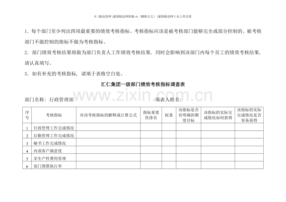 汇仁集团一级部门绩效考核指标调查表.doc_第2页