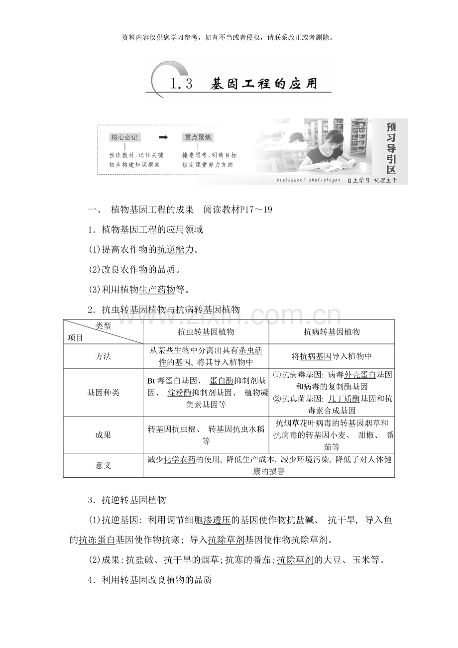 新课标创新人教生物选修基因工程的应用样本.doc_第1页