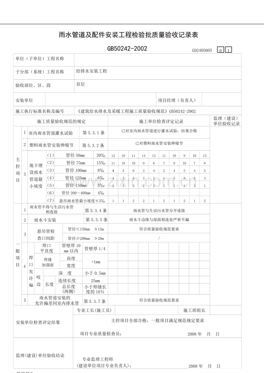 雨水管道及配件安装工程检验表1.doc_第1页