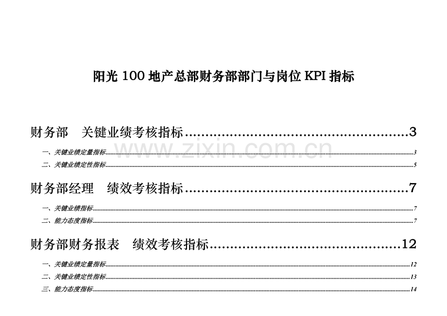 阳光100地产总部财务部部门与岗位KPI指标.doc_第1页