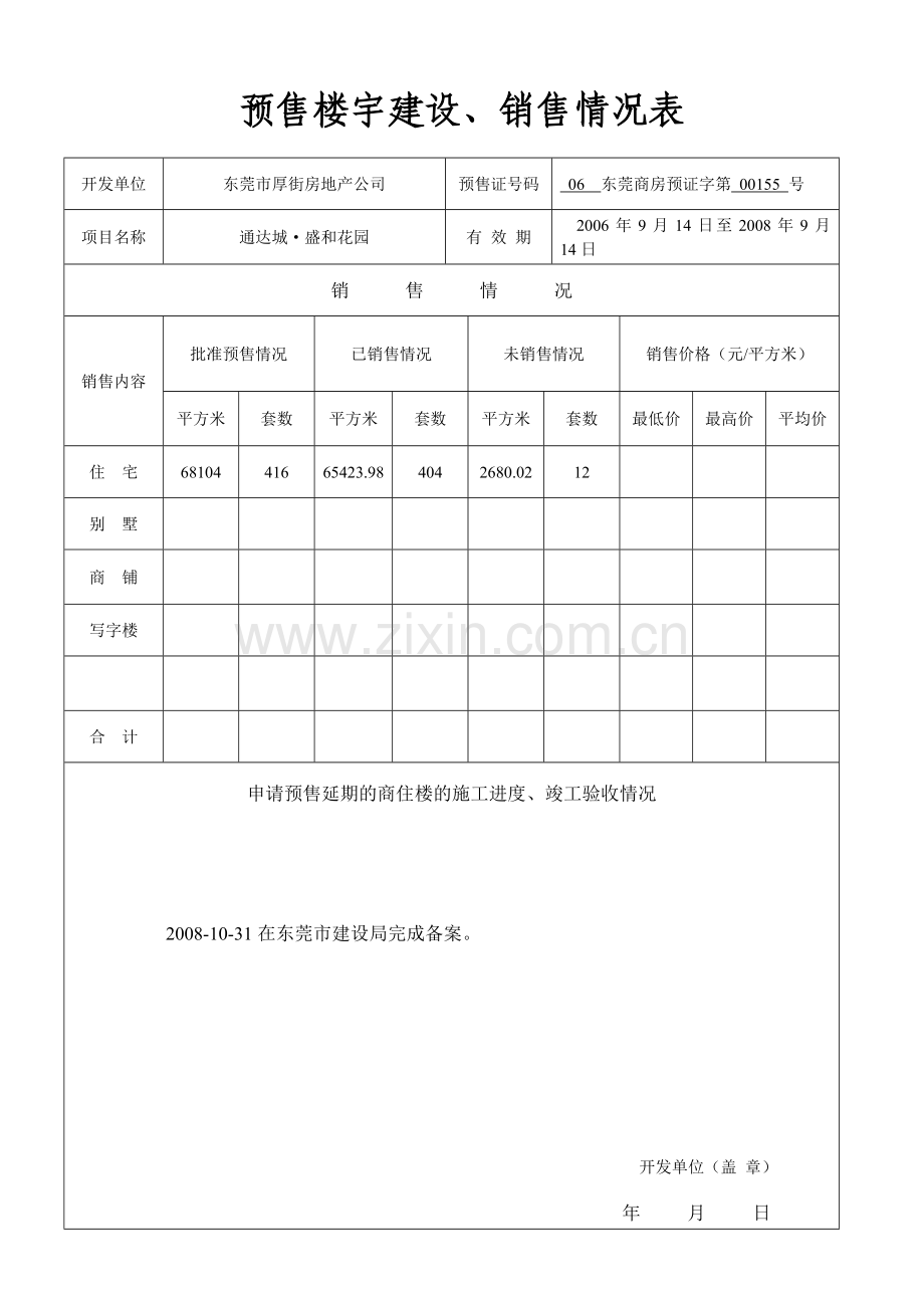 预售楼宇建设销售情况表.docx_第1页