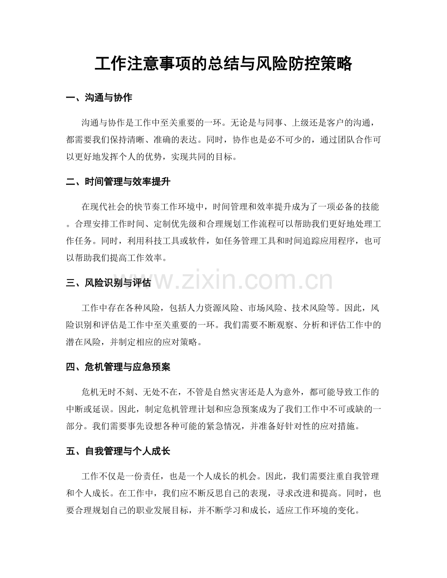 工作注意事项的总结与风险防控策略.docx_第1页