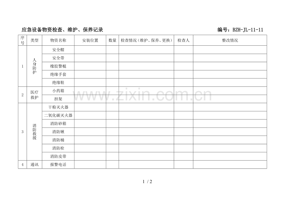 应急设备物资检查、维护、保养记录.docx_第1页