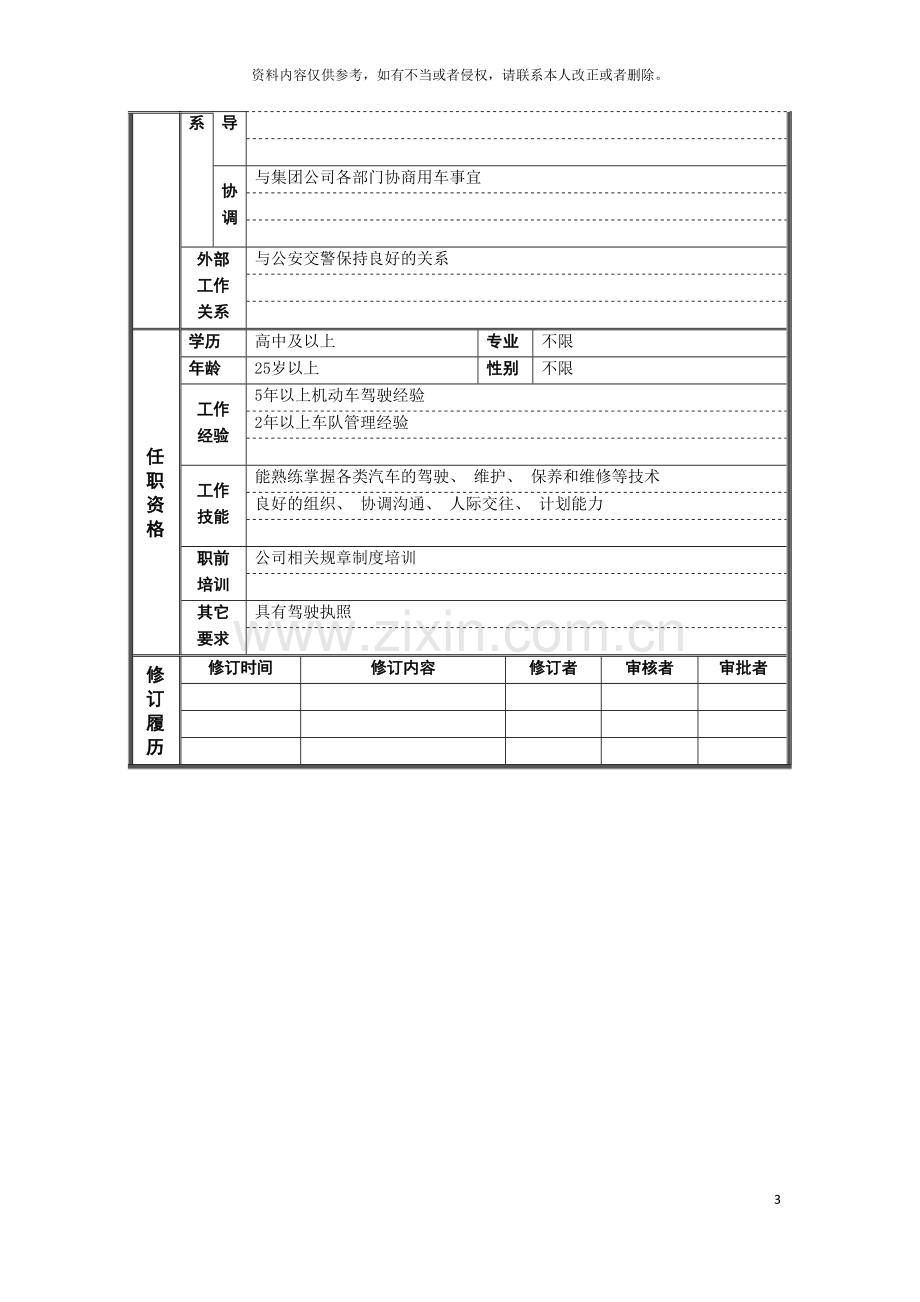 行政管理部车队队长岗位说明书模板.doc_第3页