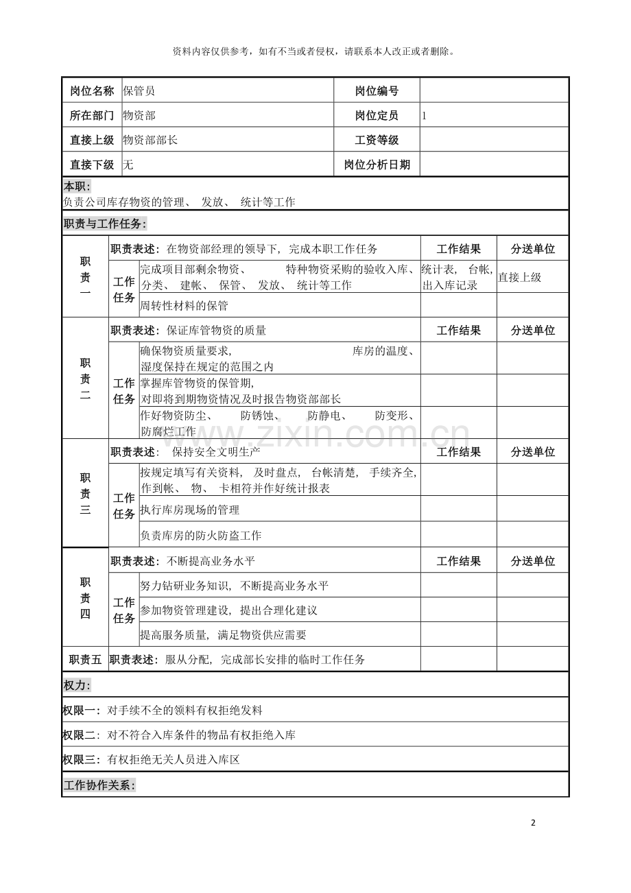 电力公司保管员岗位说明书模板.doc_第2页