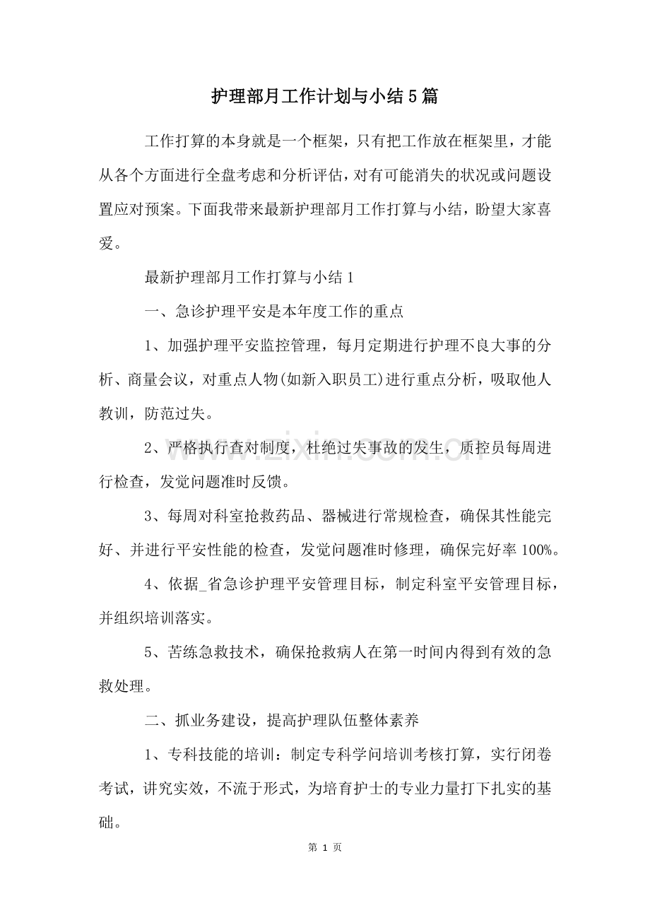 护理部月工作计划与小结5篇.docx_第1页