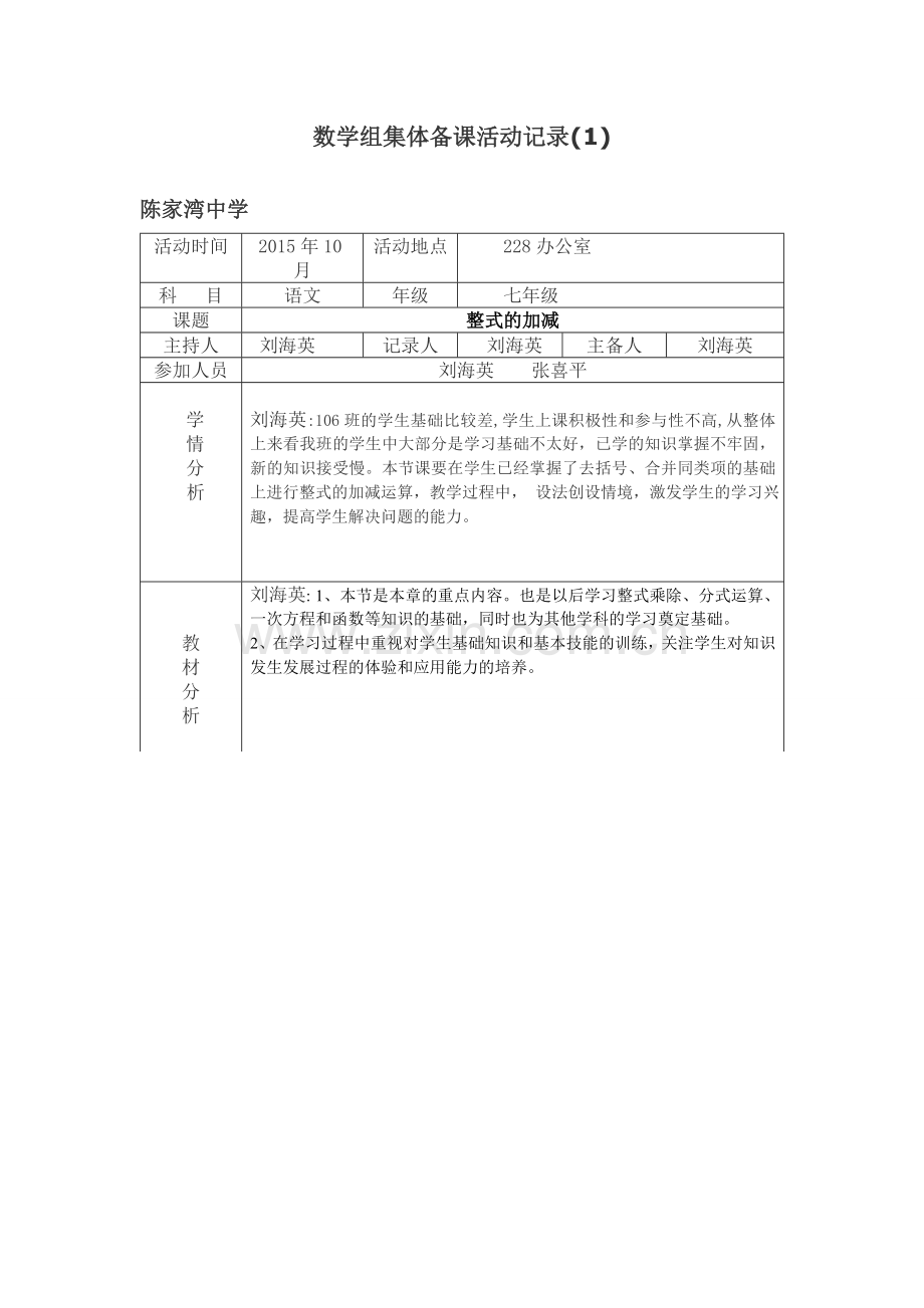 七年级数学集体备课活动记录.doc_第1页