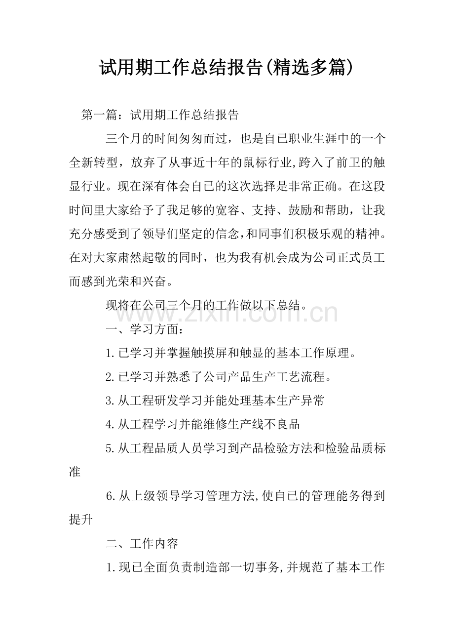 试用期工作总结报告(多篇).doc_第1页