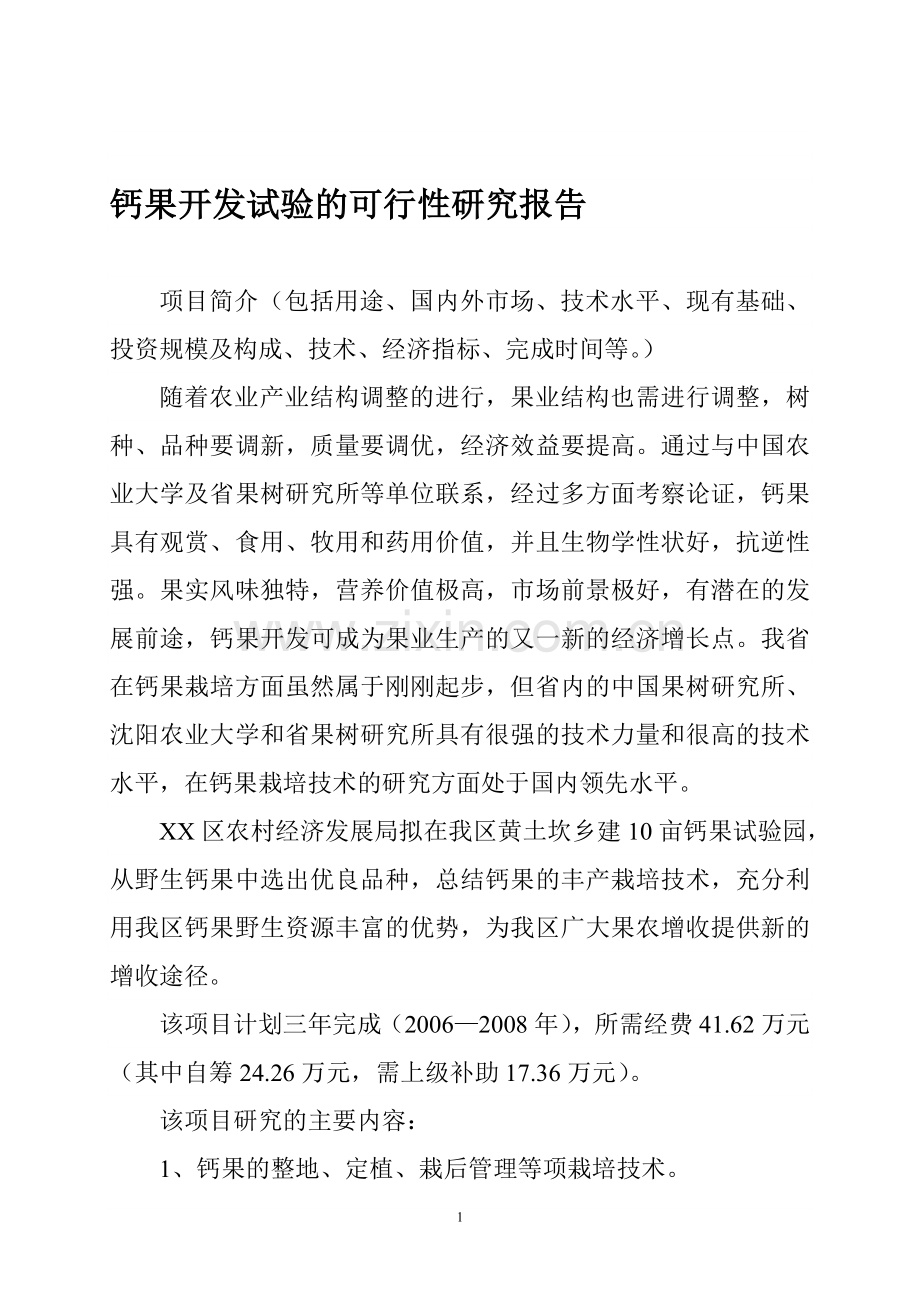 钙果开发试验的可行性研究报告书.doc_第1页