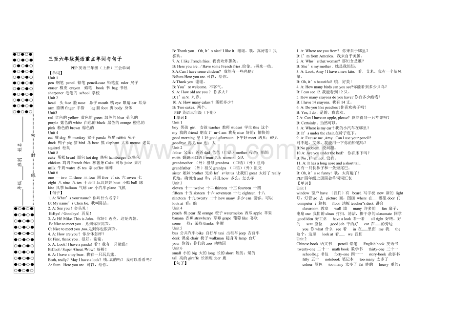 三至六年级英语重点单词与句子(小学英语复习).doc_第1页