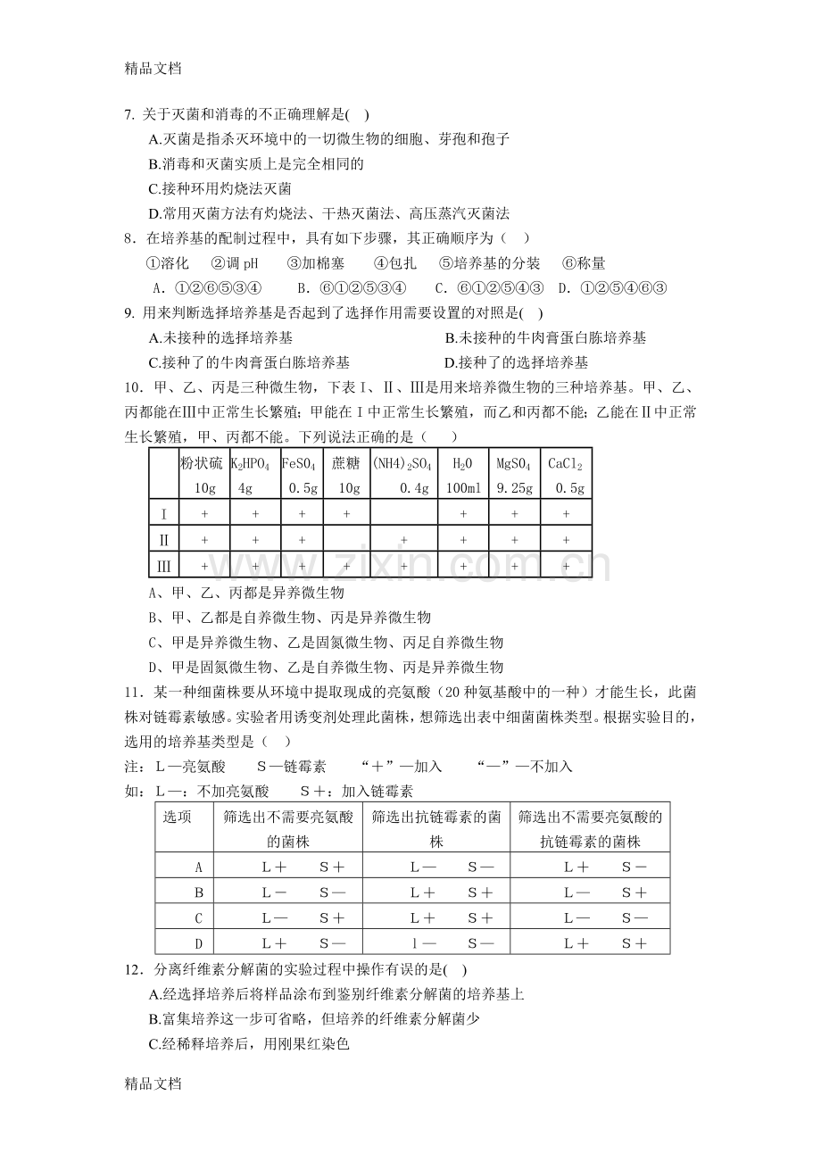 人教版试题试卷高中生物选修1专题一～专题四测试卷.doc_第2页