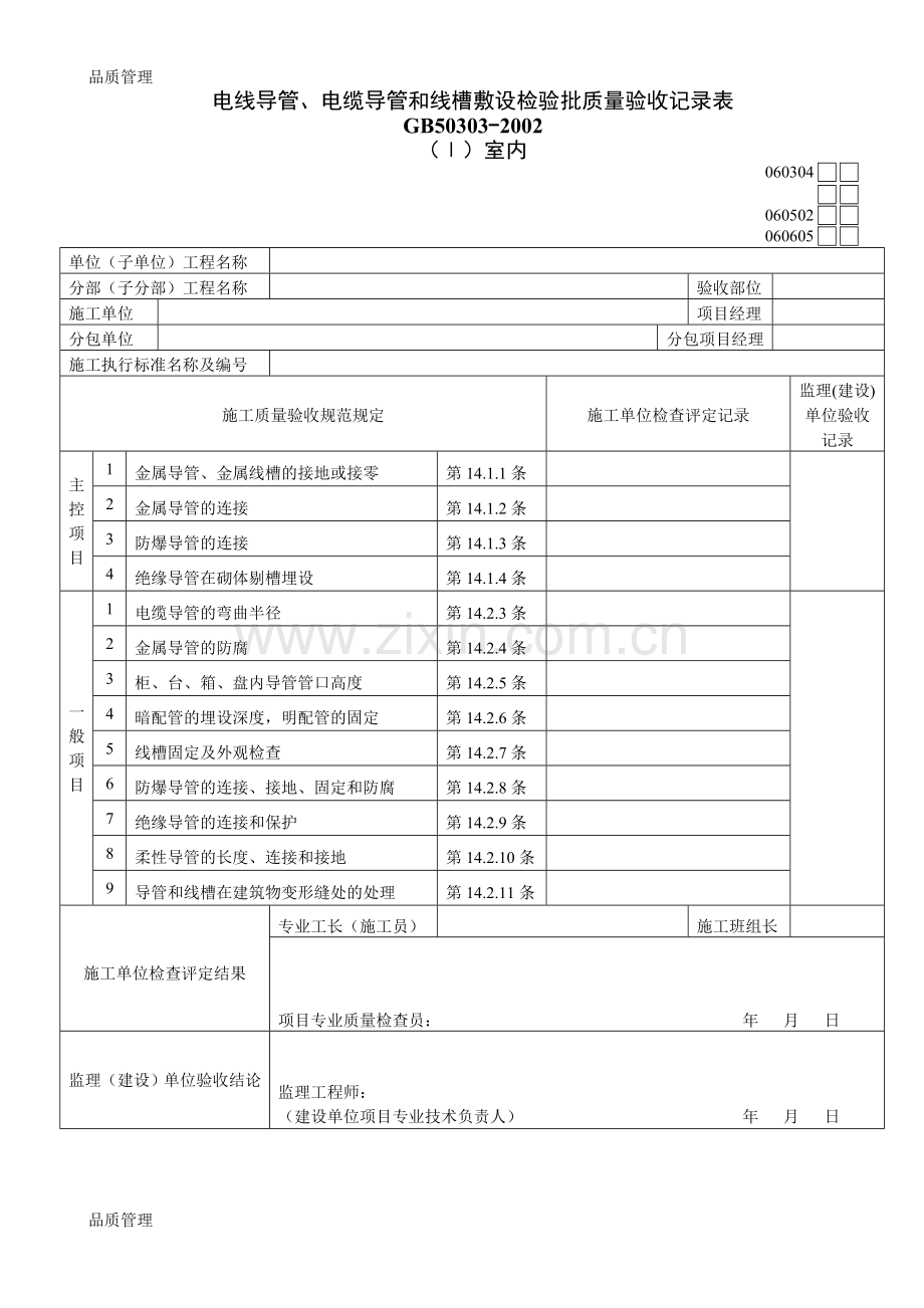 【品质管理资料】电线导管、电缆导管和线槽敷设检验批质量验收记录表Ⅰ.doc_第1页