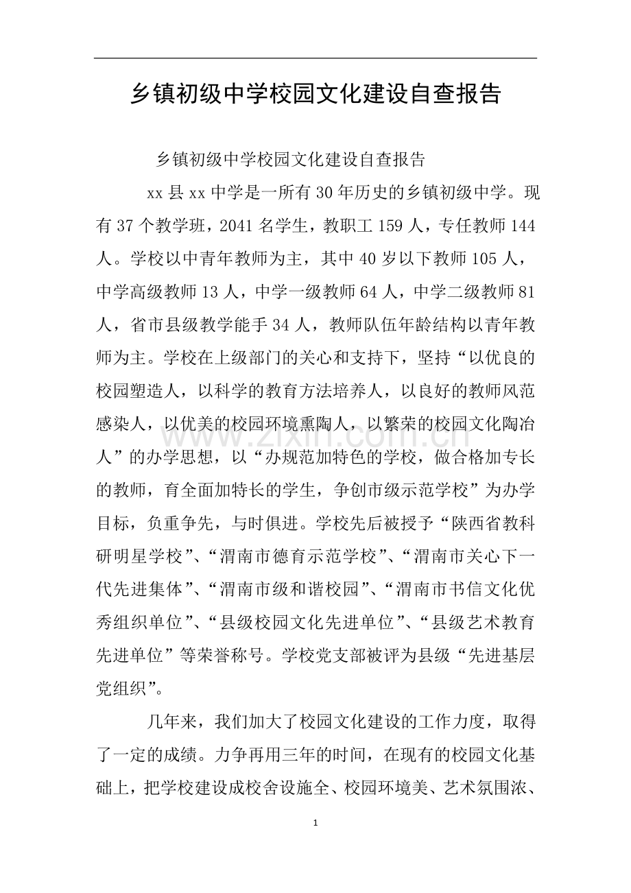 乡镇初级中学校园文化建设自查报告.doc_第1页