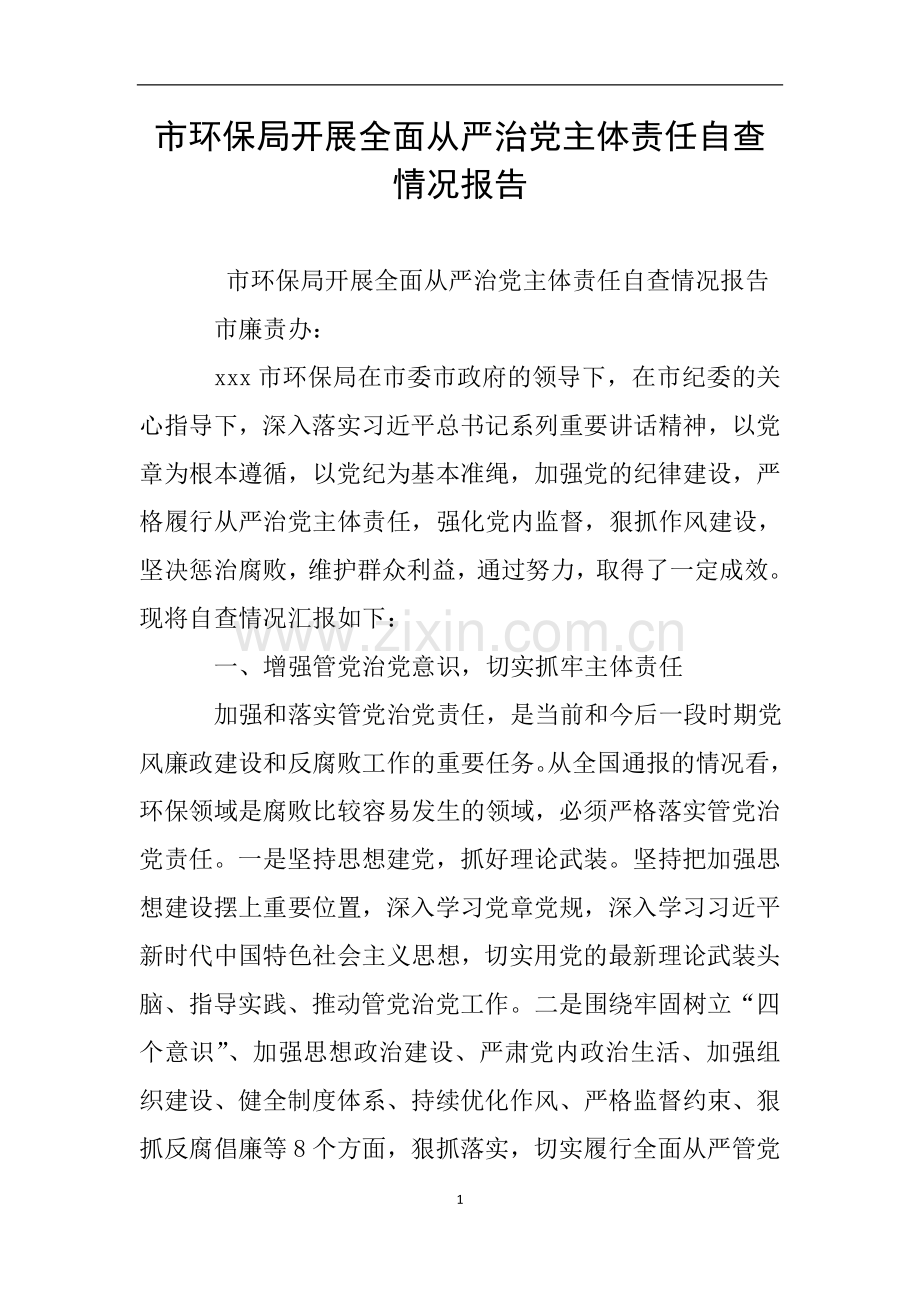 市环保局开展全面从严治党主体责任自查情况报告.doc_第1页