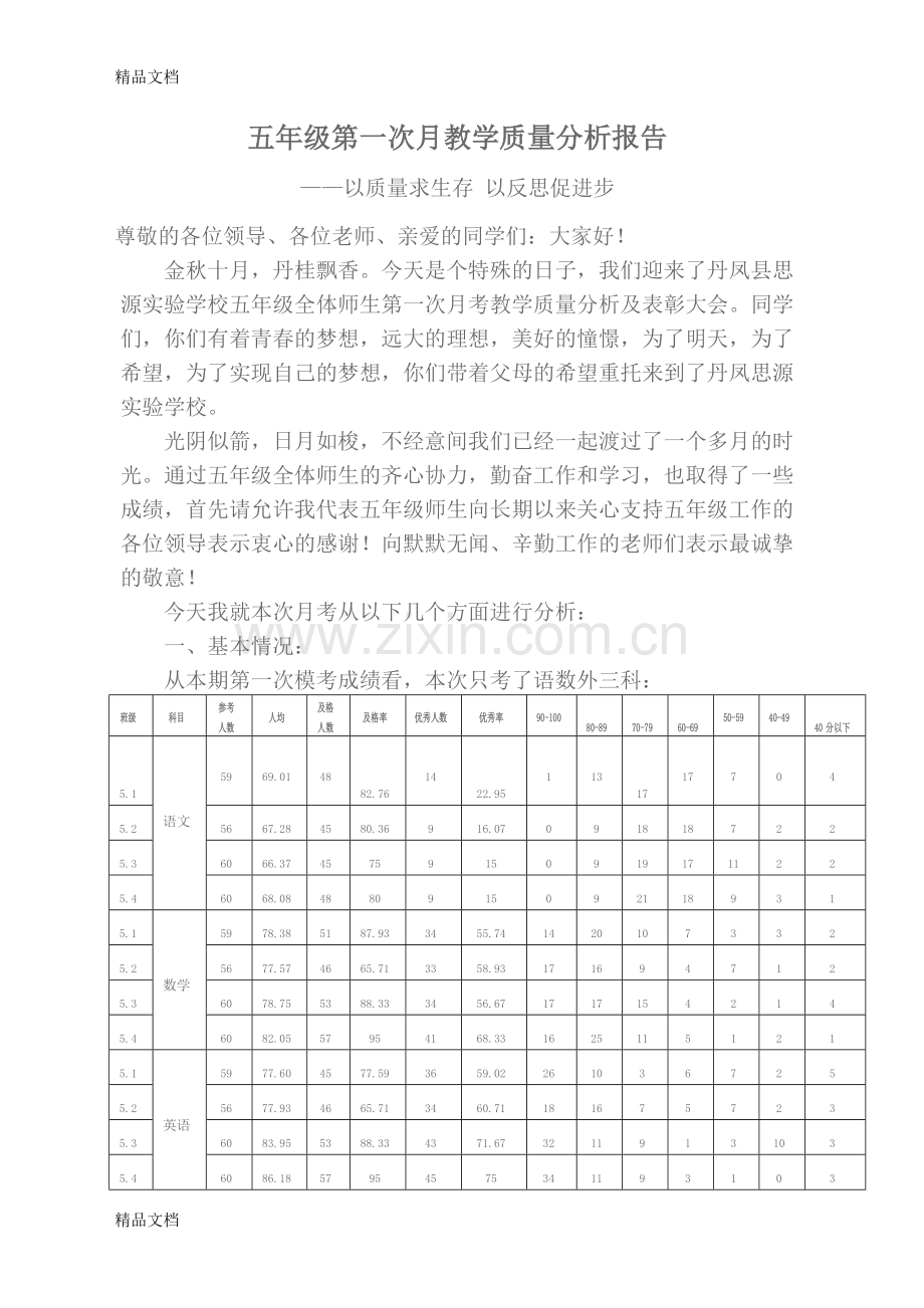 五年级第一次月考质量分析报告.doc_第1页