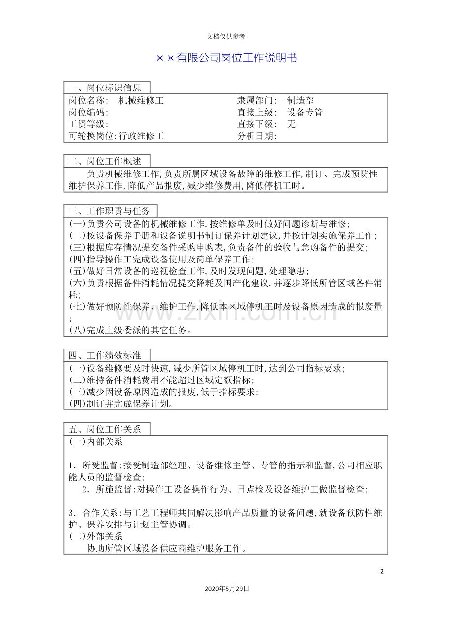 制造部机械维修工职务说明书.doc_第2页