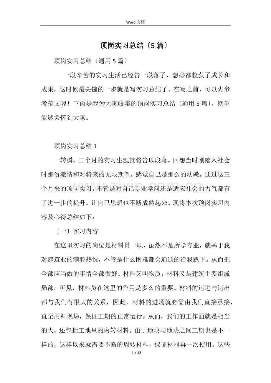 顶岗实习总结（5篇）.docx_第1页