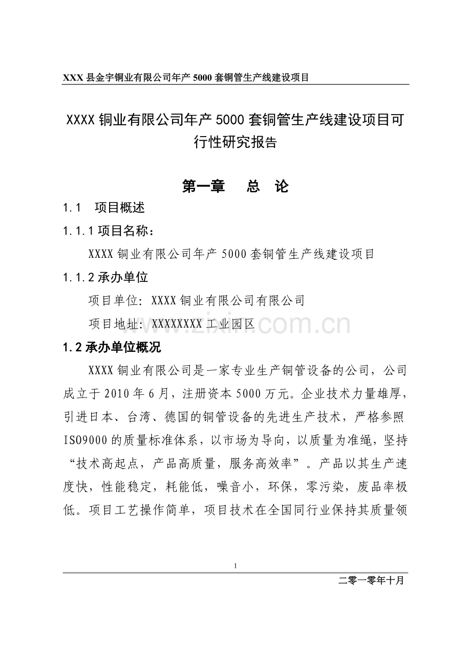 金宇铜业有限公司年产5000套铜管生产线建设项目可行性研究报告.doc_第1页