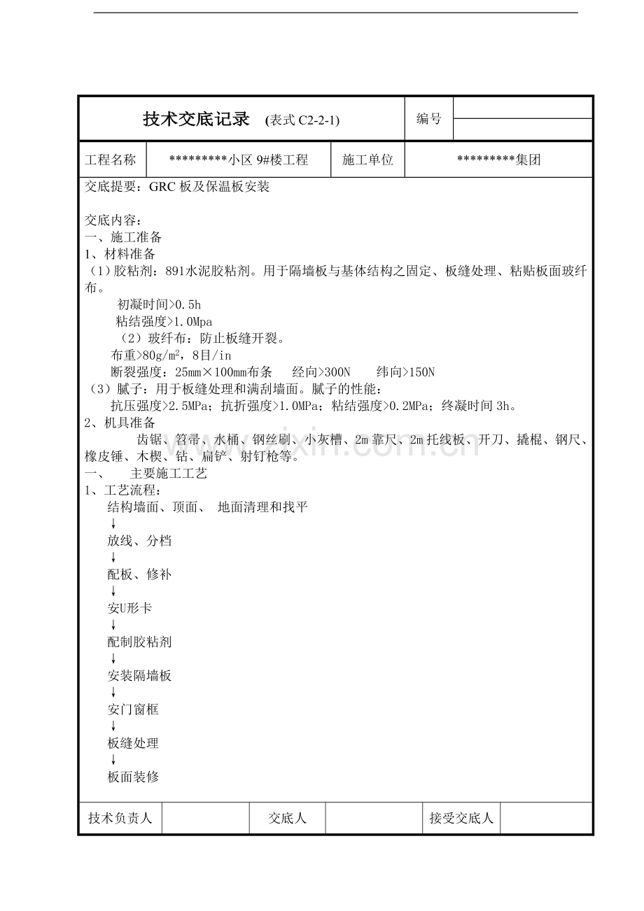 grc板及保温板安装技术交底.doc_第1页