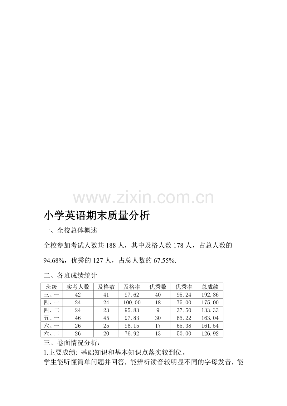 小学英语期末质量分析.doc_第1页