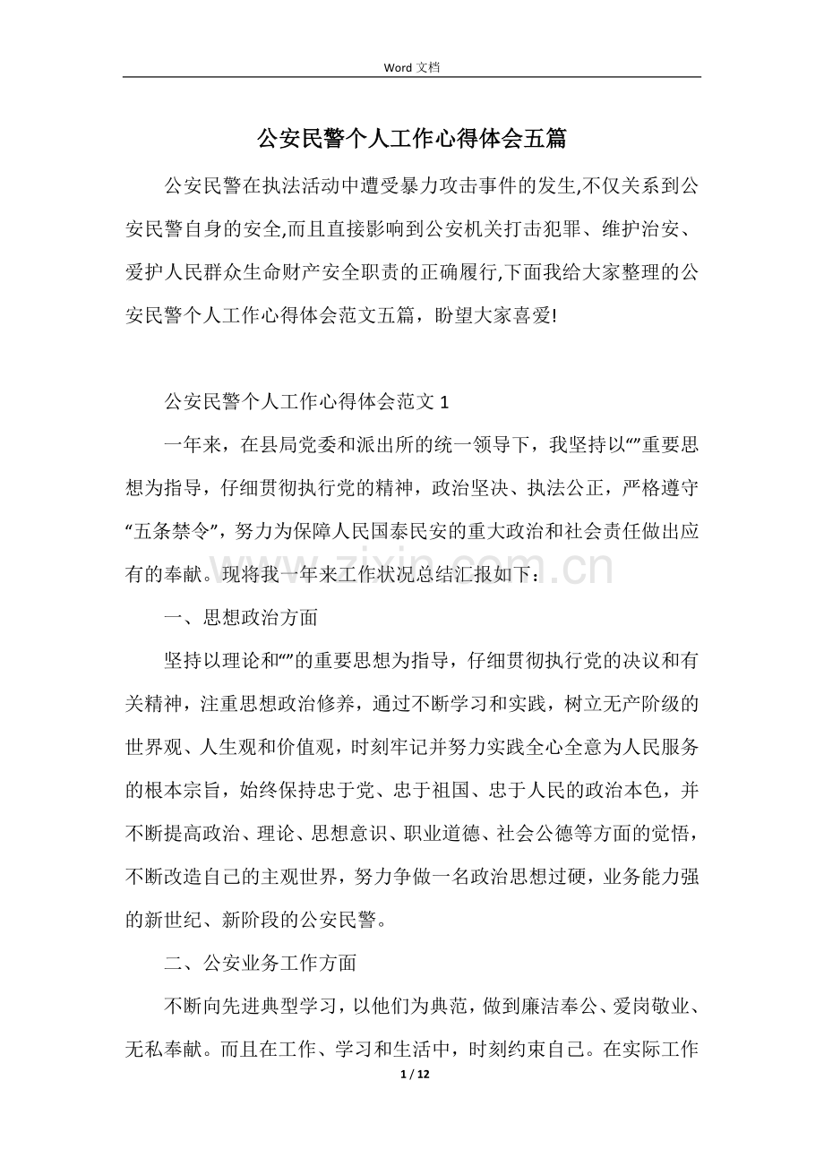 公安民警个人工作心得体会五篇.docx_第1页