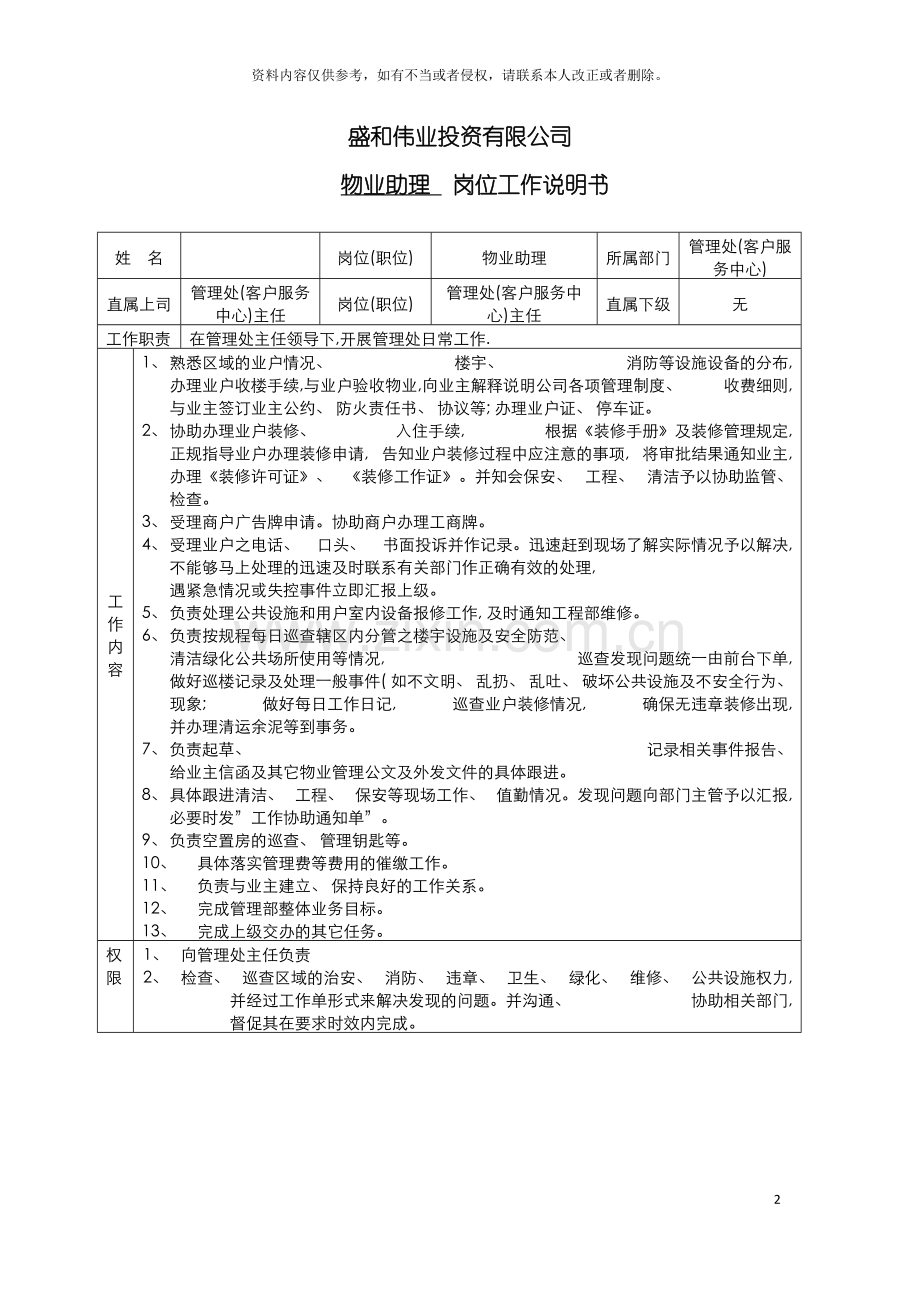 管理处物业助理岗位工作说明书模板.doc_第2页