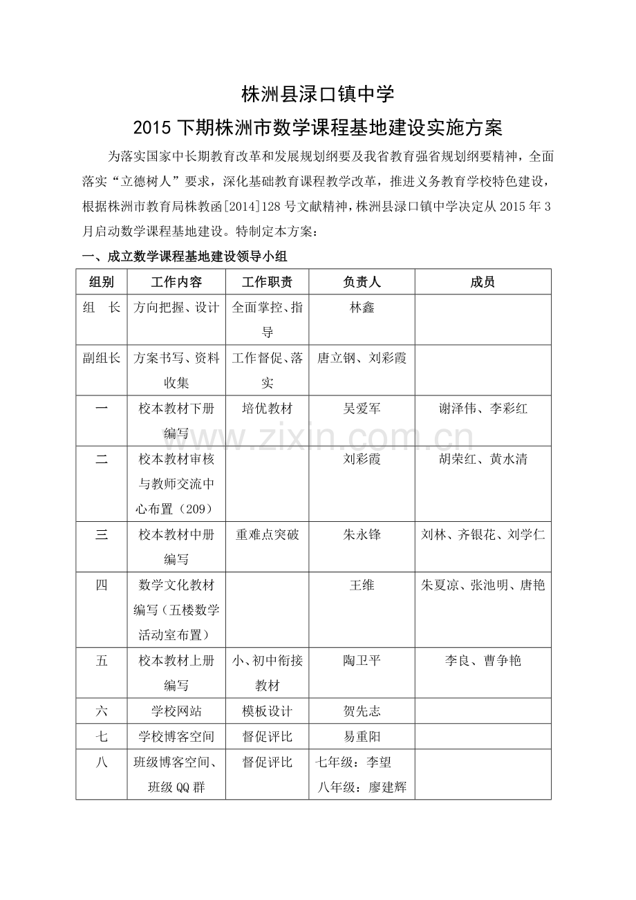 株洲县渌口镇中学下期数学课程基地建设实施方案doc.doc_第1页