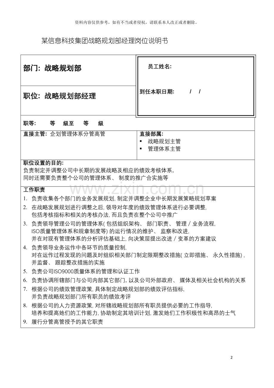 信息科技集团战略规划部经理岗位说明书.doc_第2页