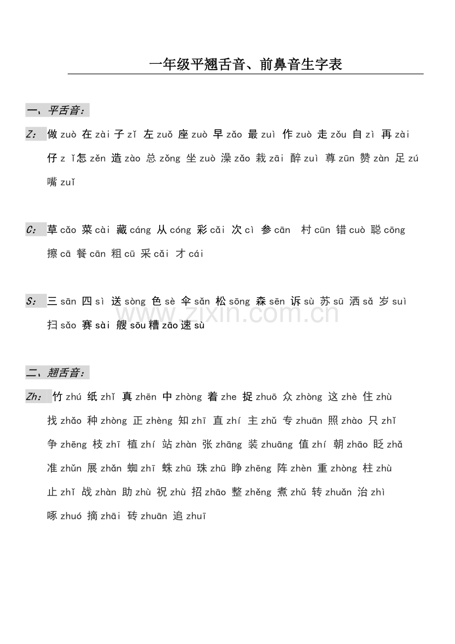 一年级平翘舌音、前后鼻音生字表.doc_第1页