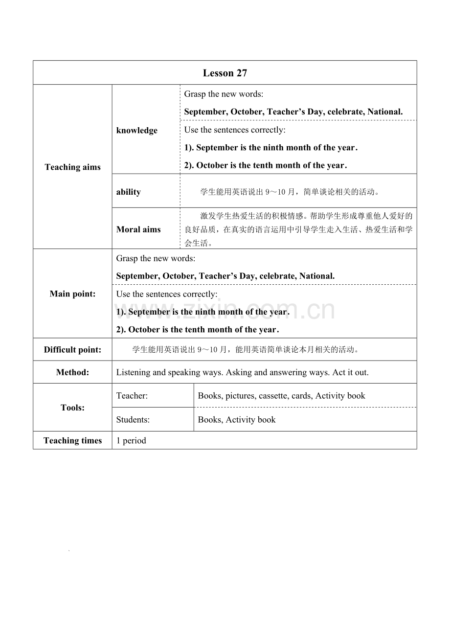 人教新版六年级上册Unit5Lesson27教案及反思.doc_第1页