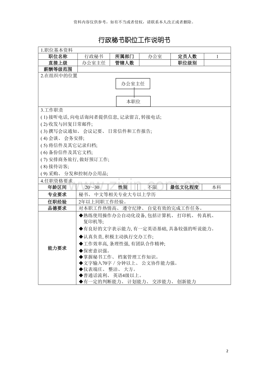 行政办秘书职位工作说明书模板.doc_第2页