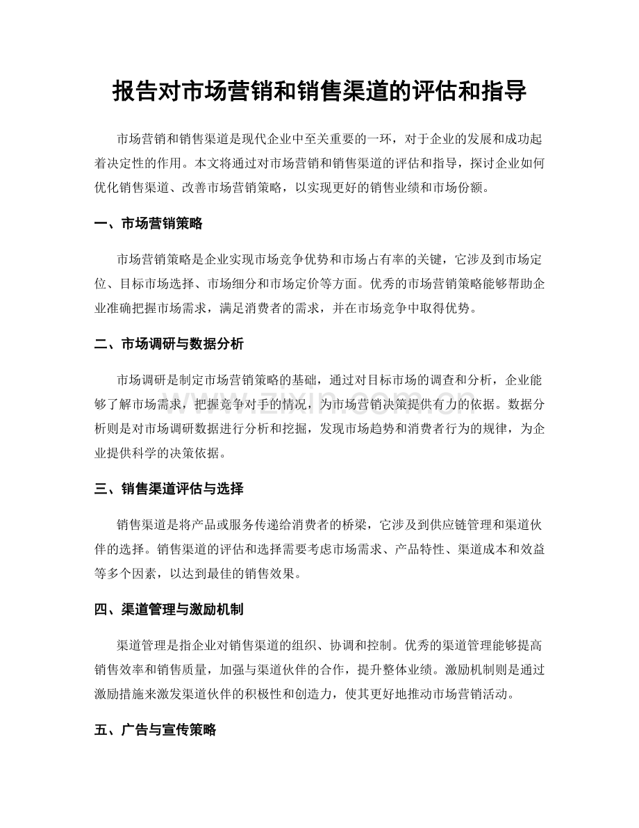 报告对市场营销和销售渠道的评估和指导.docx_第1页