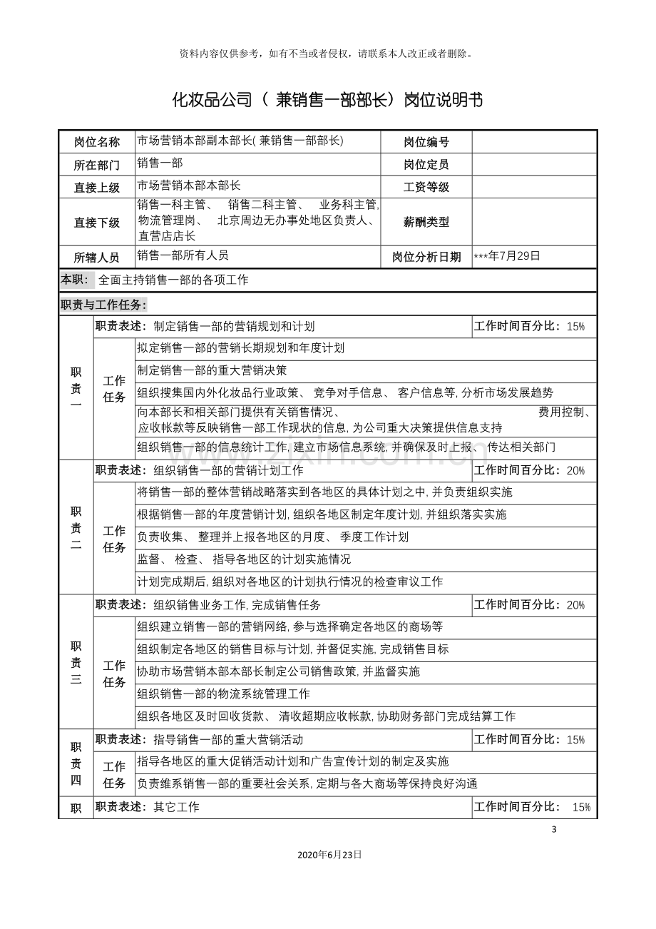 化妆品公司(兼销售一部部长)岗位说明书.doc_第3页