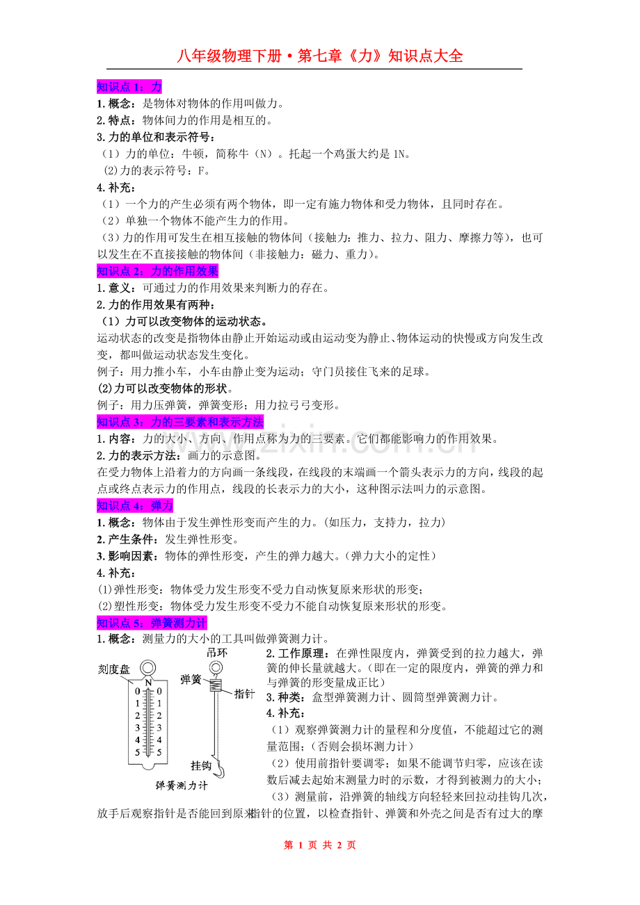 人教版初中物理第七章《力》知识点大全.doc_第1页