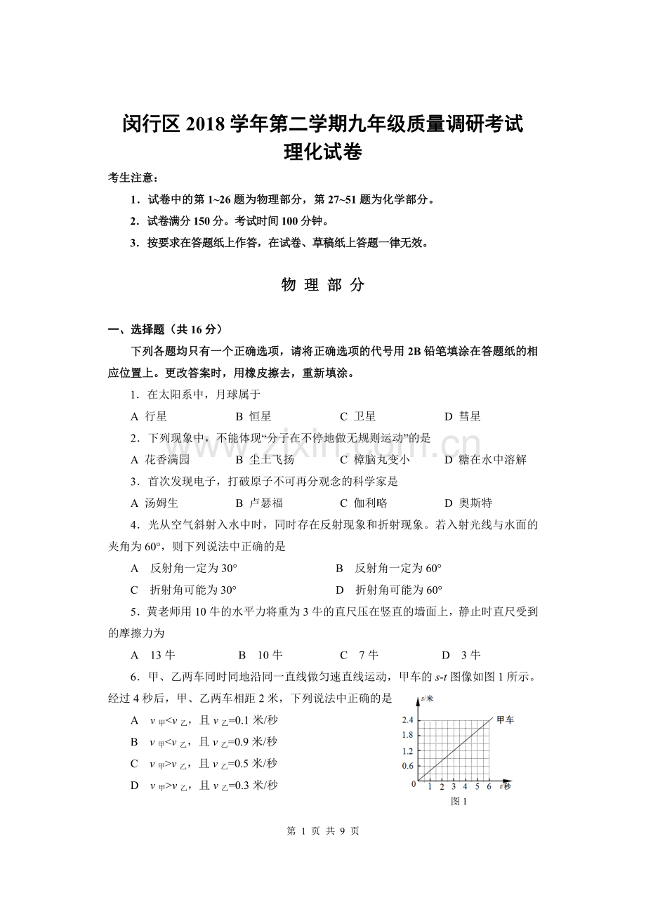 2019年闵行区九年级物理二模.doc_第1页