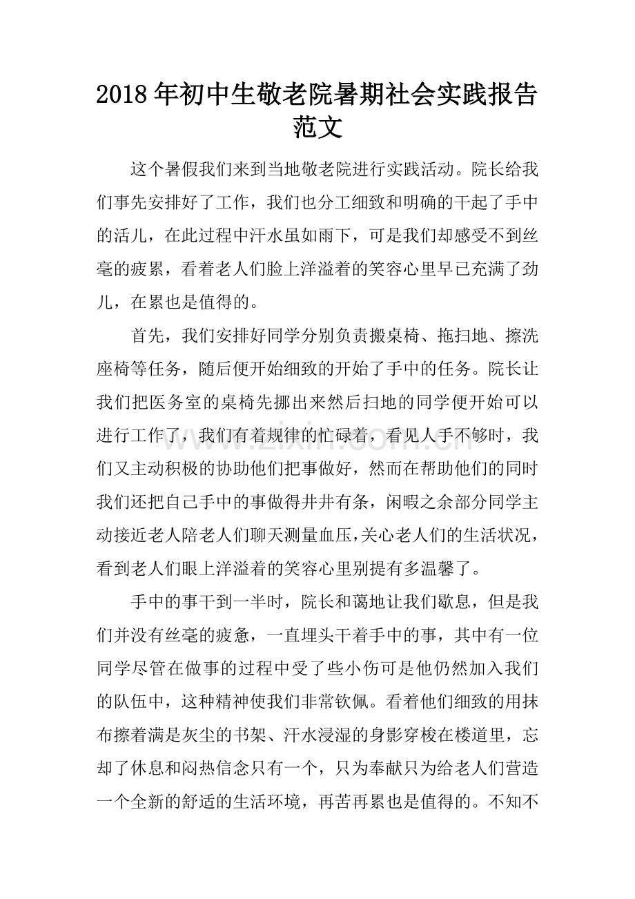 2018年初中生敬老院暑期社会实践报告范文.doc_第1页