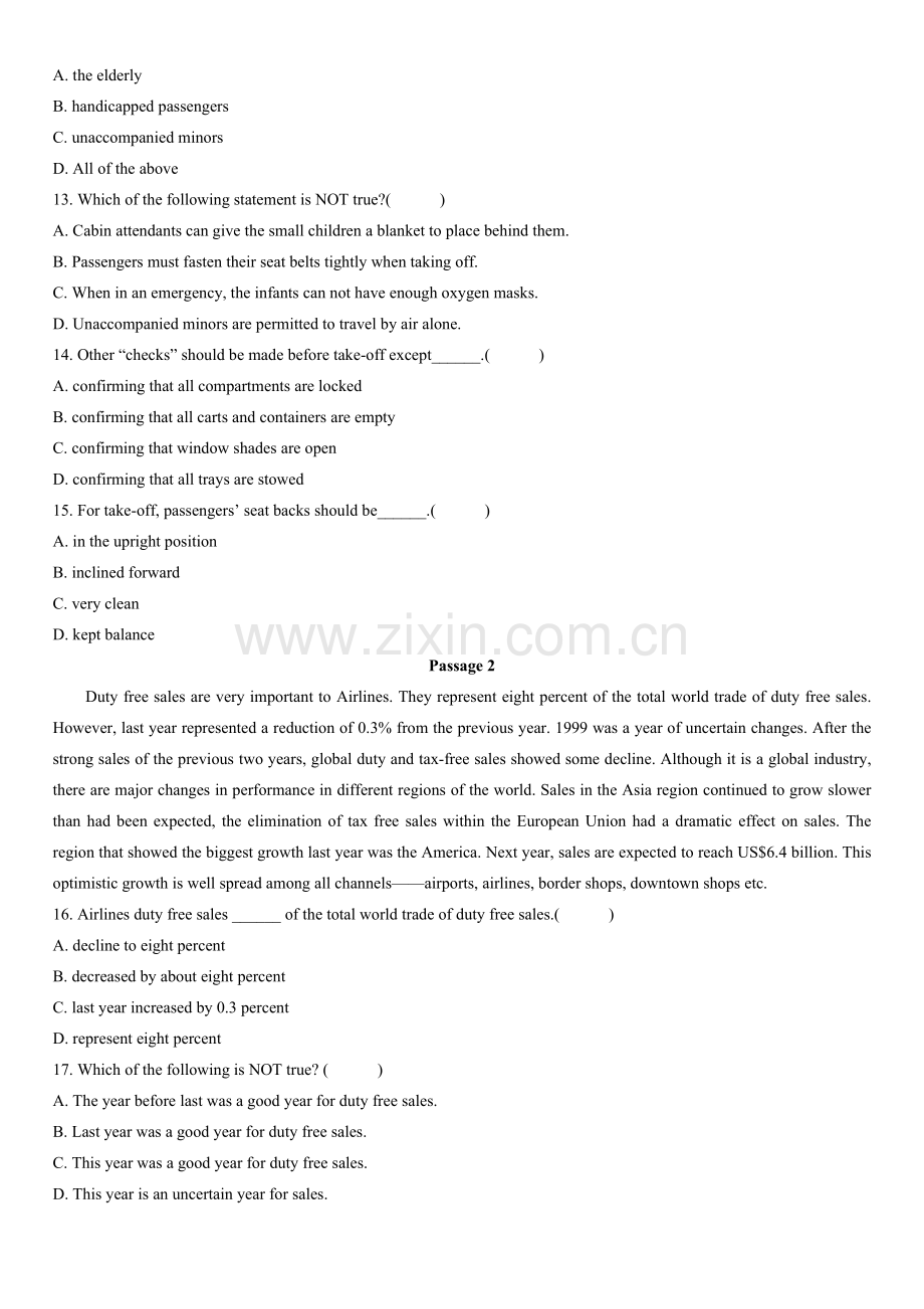 浙江省2011年7月高等教育自学考试民航乘务英语试题.doc_第2页