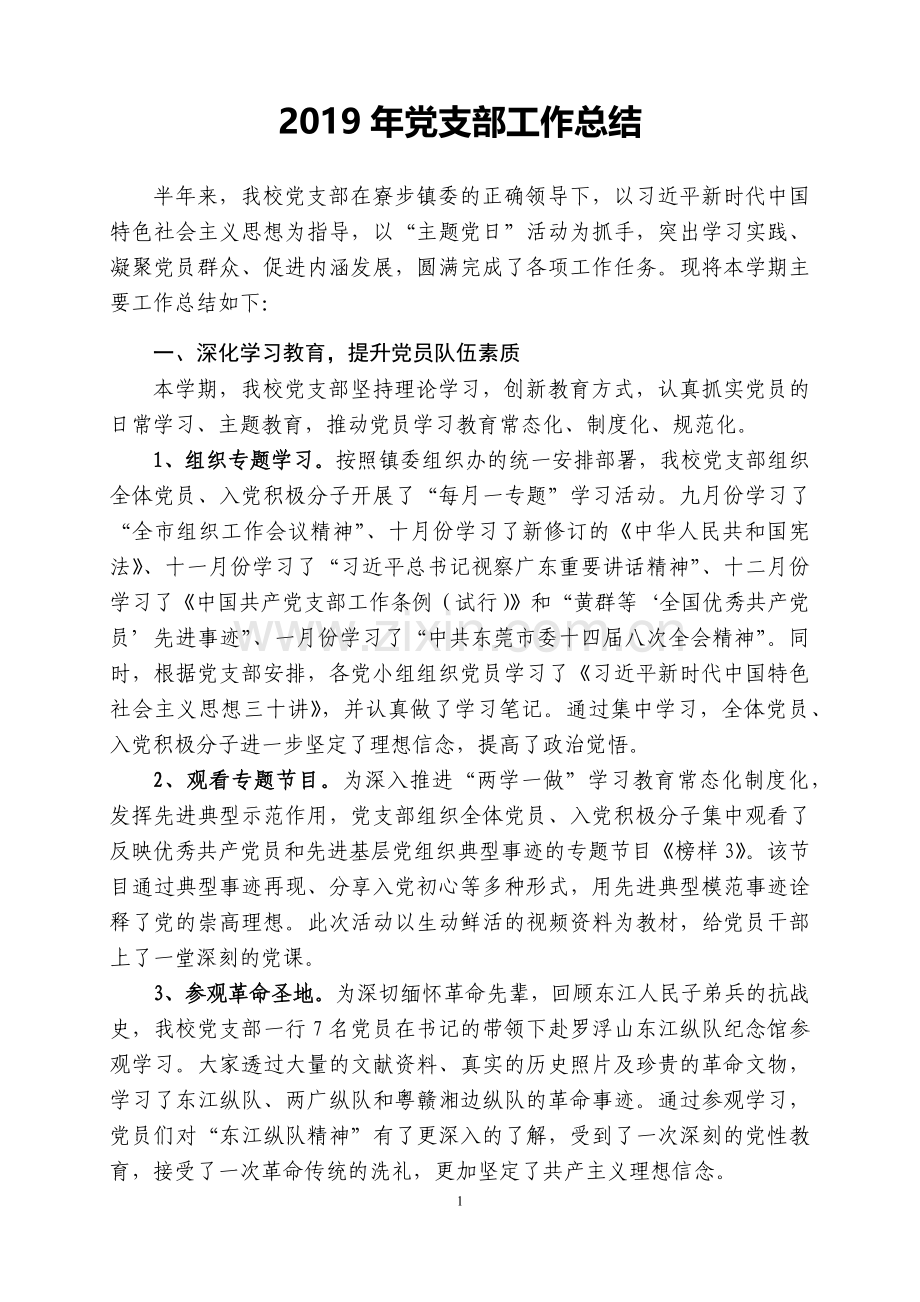 2019年党支部工作总结(word文档良心出品).doc_第1页