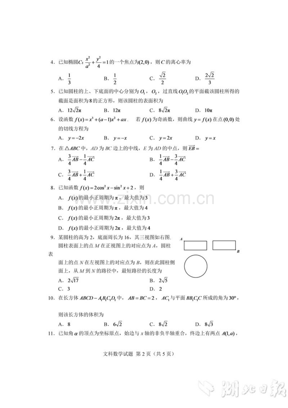 2018湖北高考文科数学试卷及答案.doc_第2页