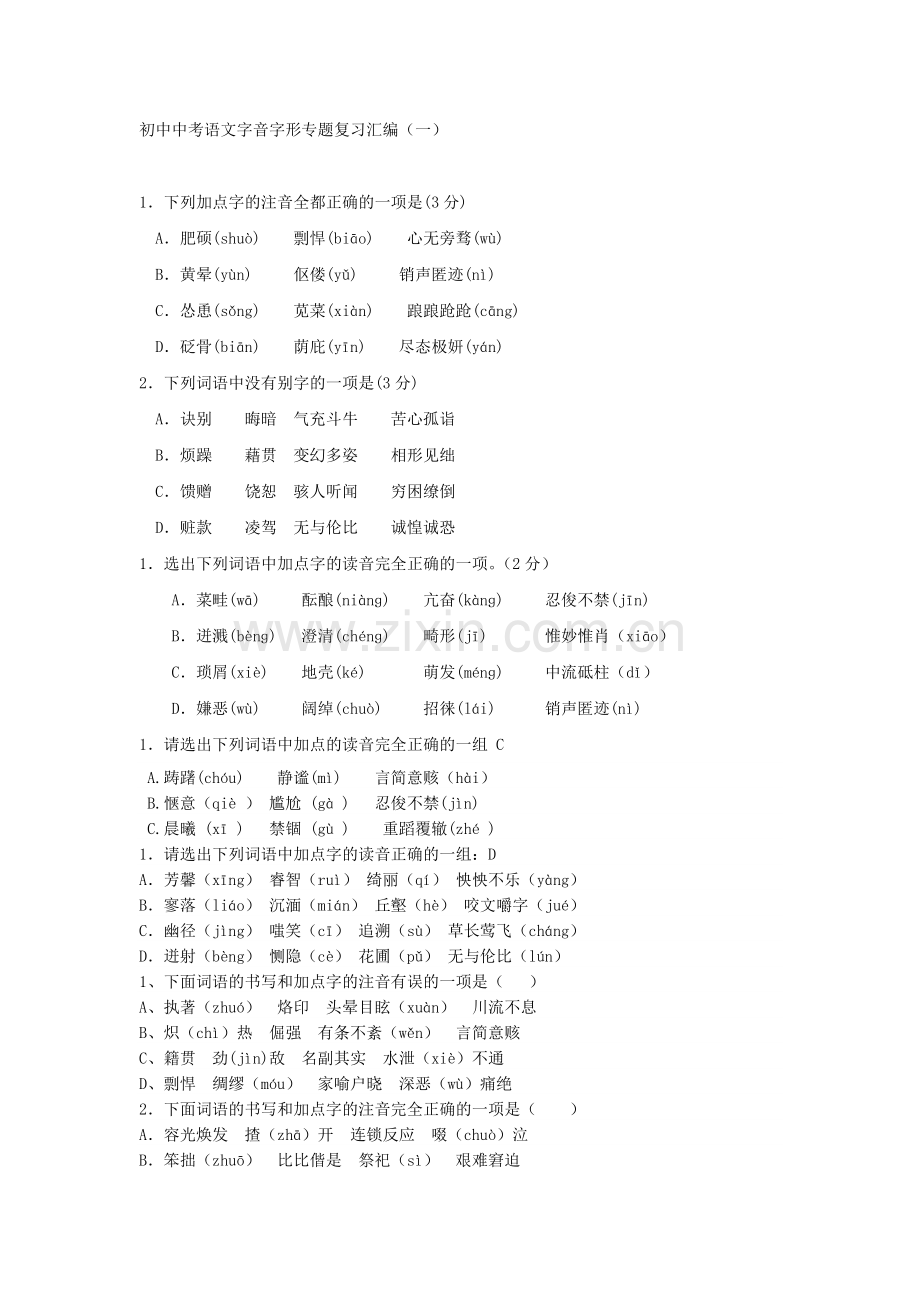 中考语文字音字形复习专题汇编.doc_第1页