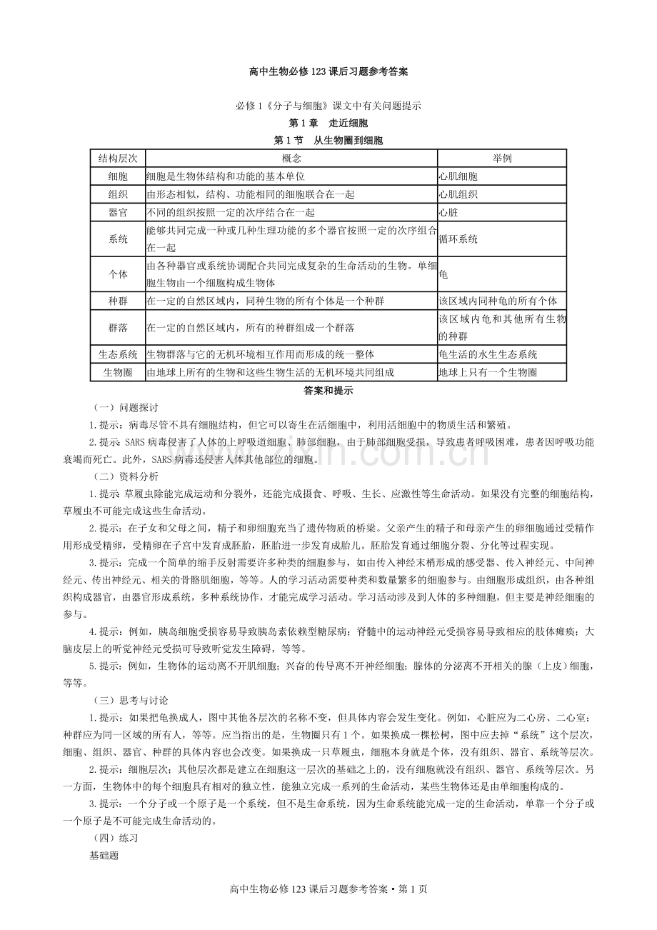 人教版新课标高中生物必修课课后习题参考答案[123].doc_第1页