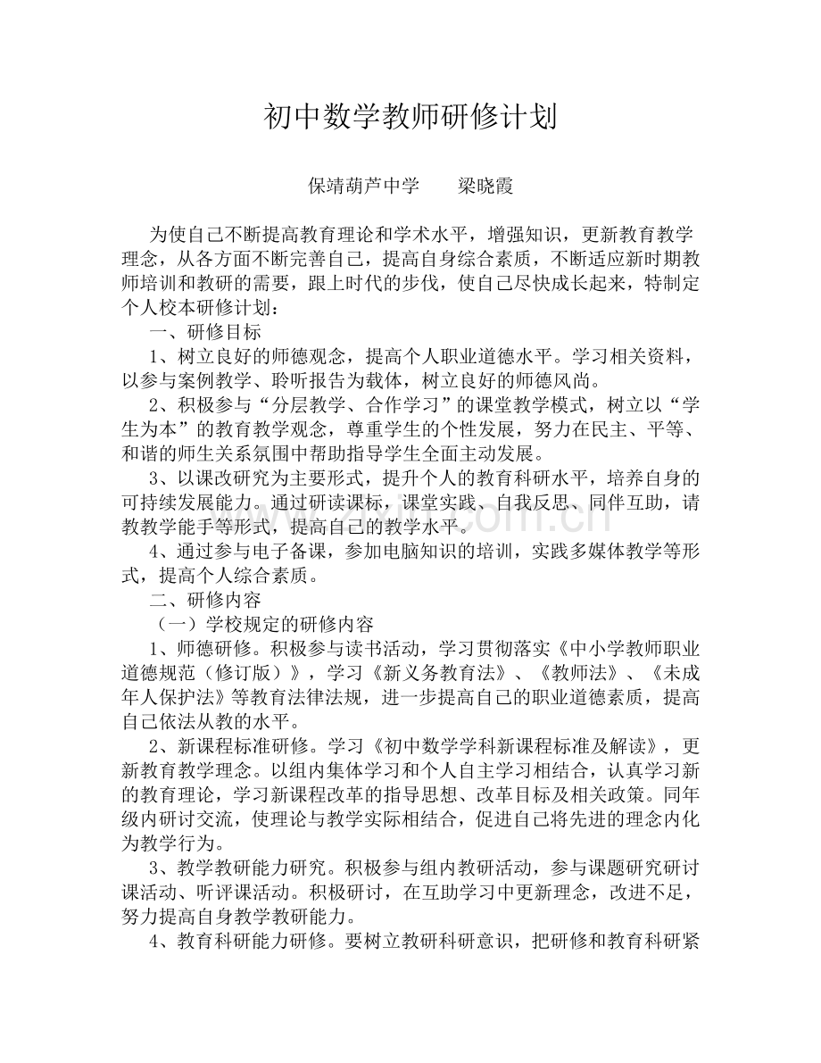 初中数学教师研修计划.doc_第1页