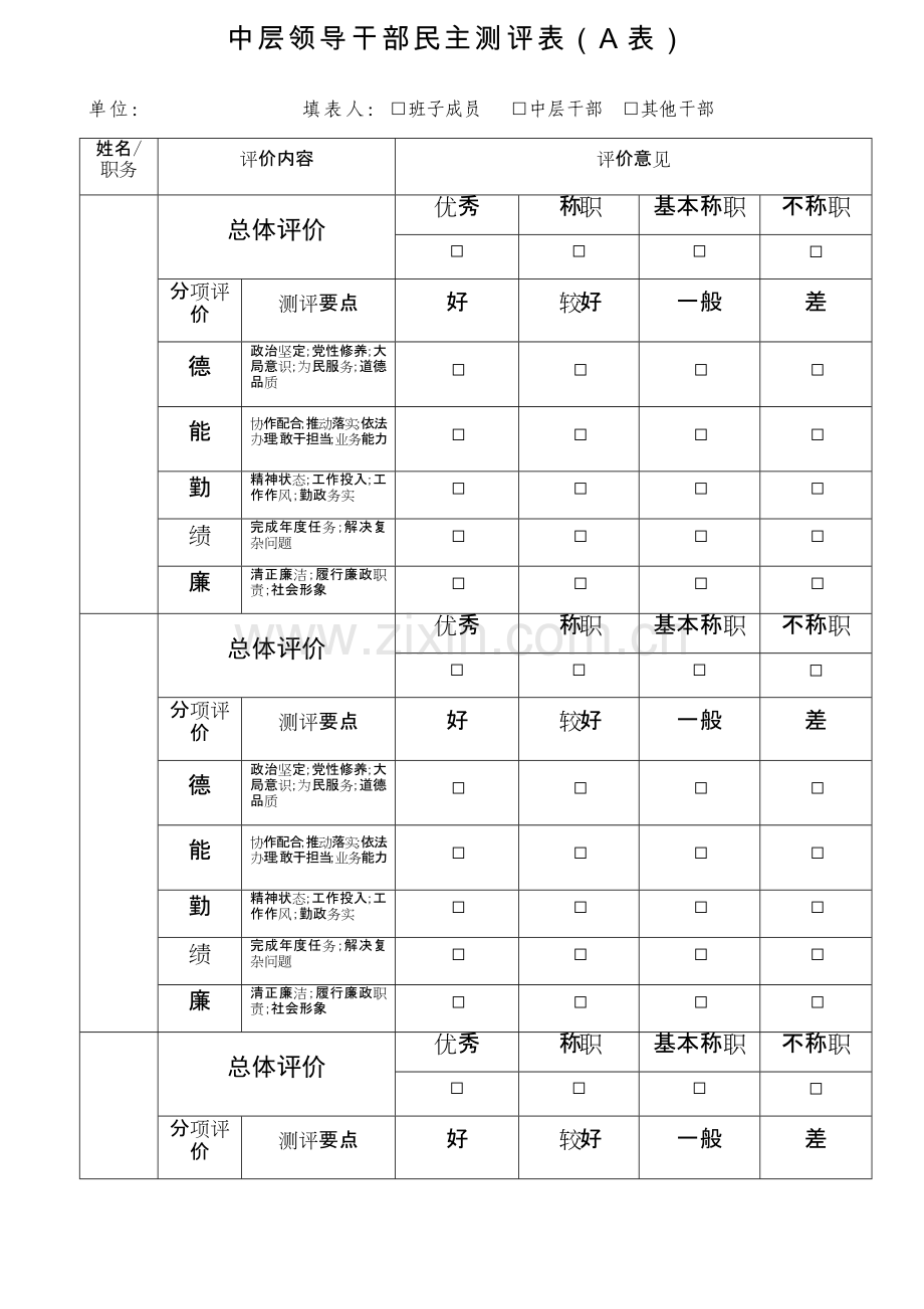 中层领导干部民主测评表.doc_第1页