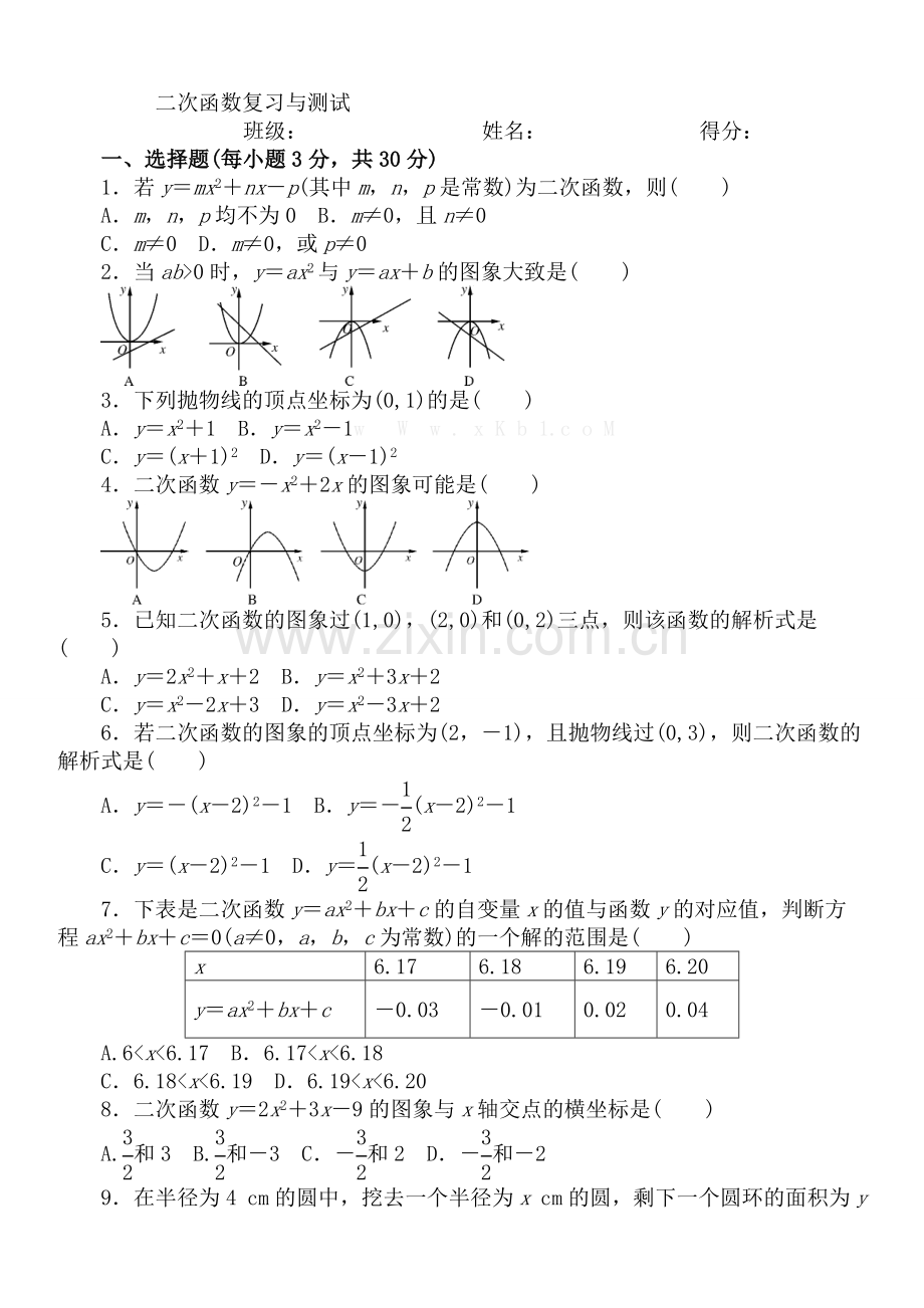 人教版九年级上册-二次函数复习与测试.doc_第1页